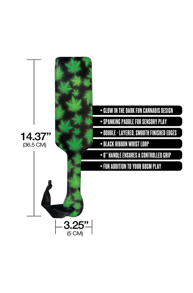 Front view of the cannabis-leaf paddle with size labels showing 14.37 inches long and 3.25 inches wide.