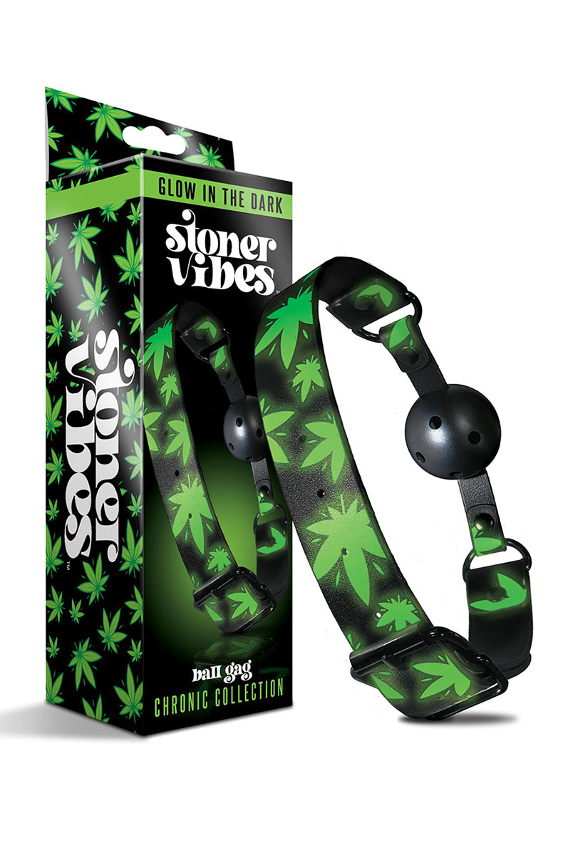 Stoner Vibes ball gag laid flat showing buckle and adjustment holes.