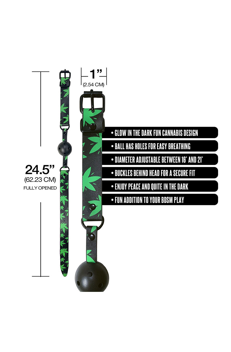 Close-up of green cannabis-leaf print on the faux-leather ball gag strap.