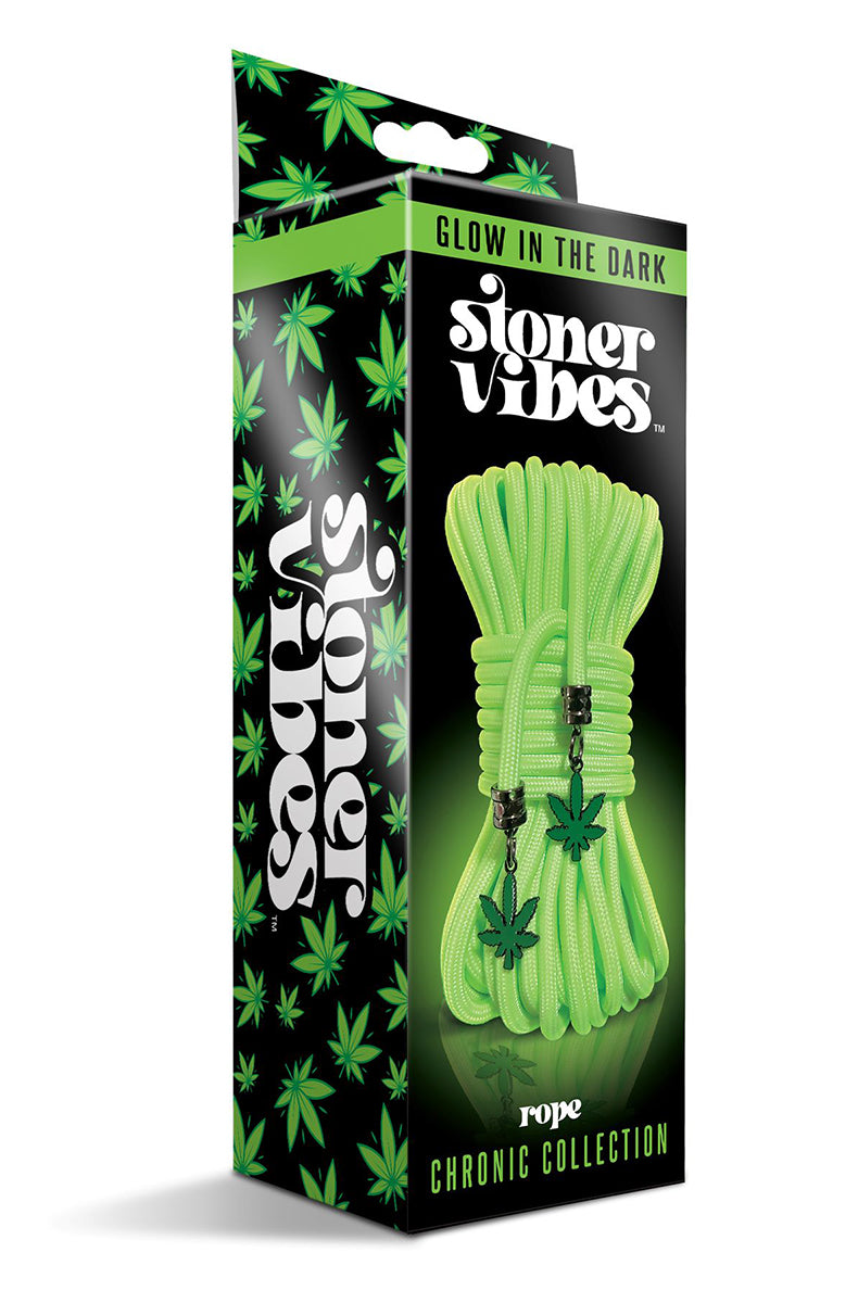 Black retail box with green cannabis leaves and Stoner Vibes Glow in the Dark logo showing neon green rope bundle on front.