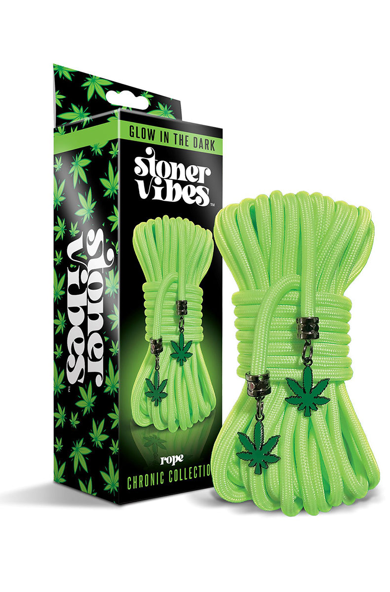 Neon green rope bundle beside black box printed with Stoner Vibes Glow in the Dark Chronic Collection and cannabis leaves.