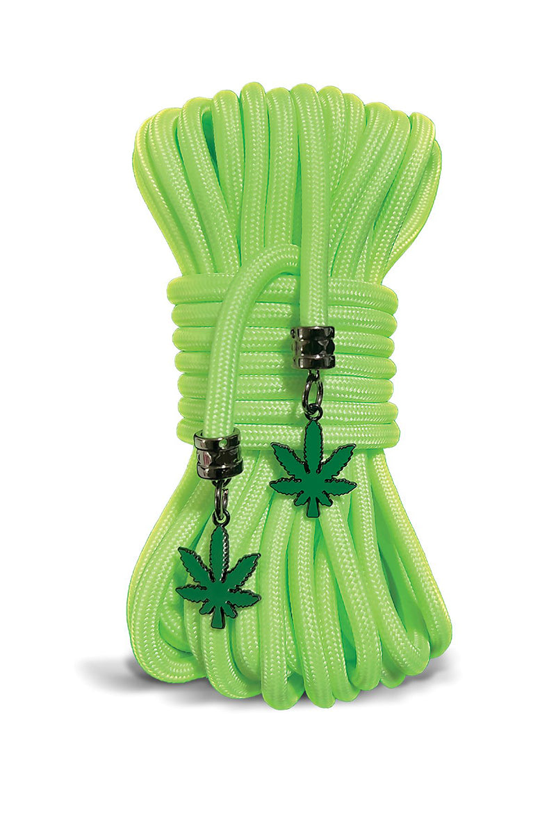 Bundle of bright neon green glow-in-the-dark bondage rope with black metal end caps and green cannabis-leaf enameled charms.