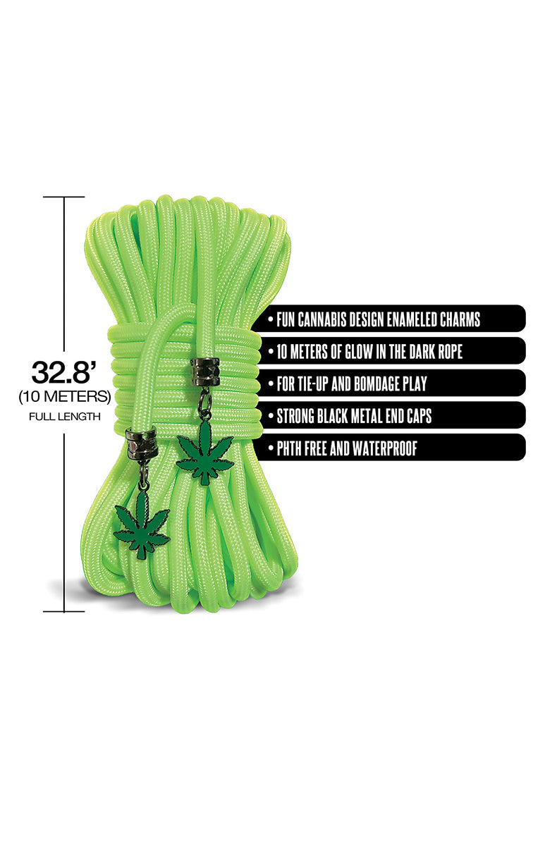 Neon green bondage rope bundle labeled 32.8 feet (10 meters) full length with cannabis-leaf charms and black metal end caps.