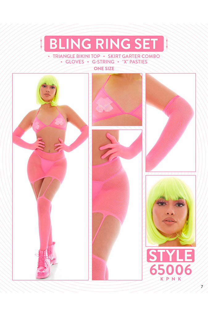 Sexy rave-ready pink mesh outfit with garter skirt and sequin accents