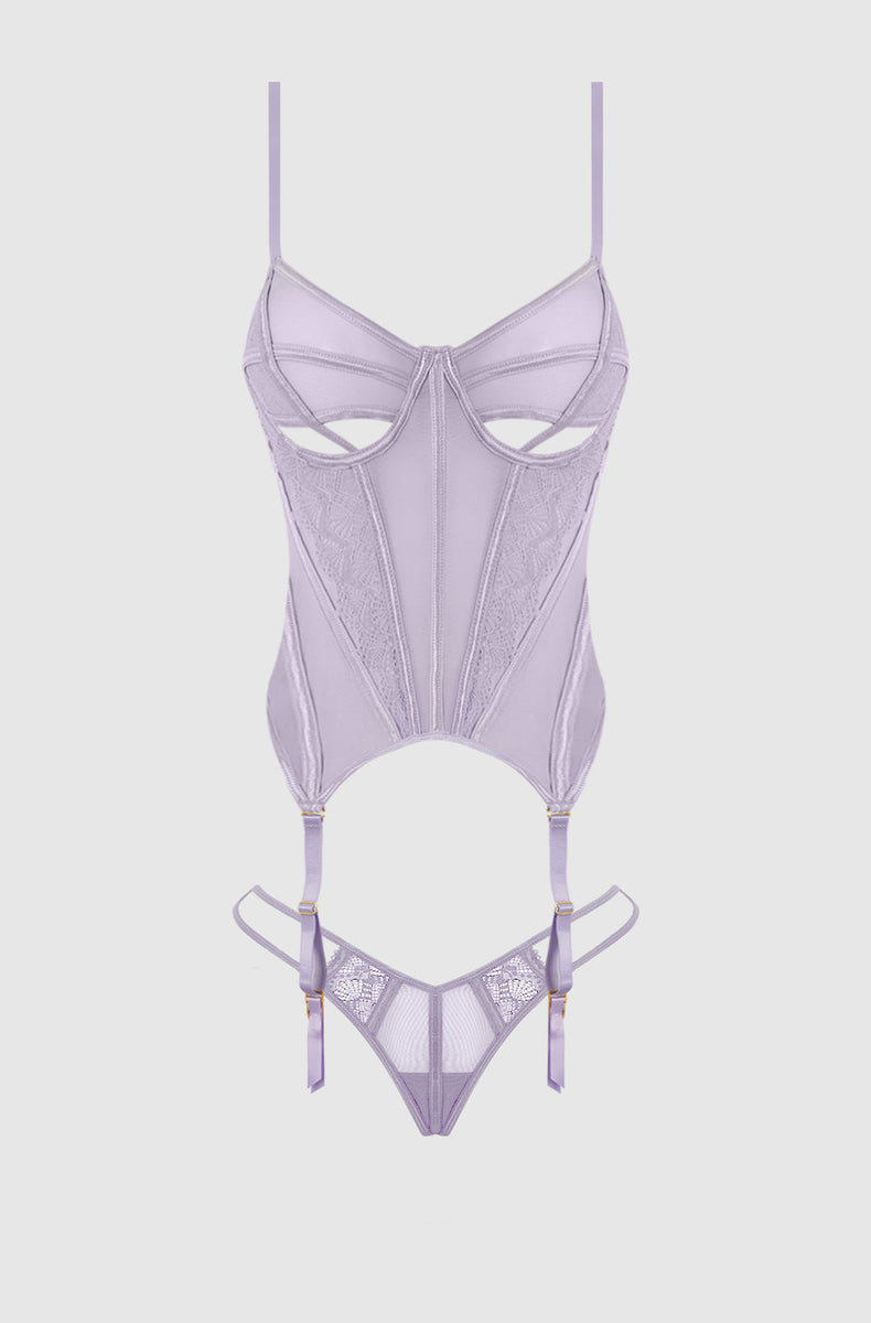 Lavender peekaboo bustier and g-string laid flat