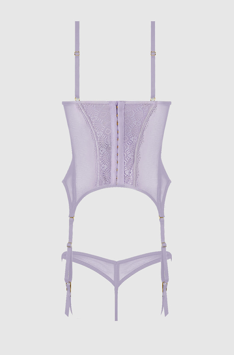 Lavender bustier and g-string laid flat from the back
