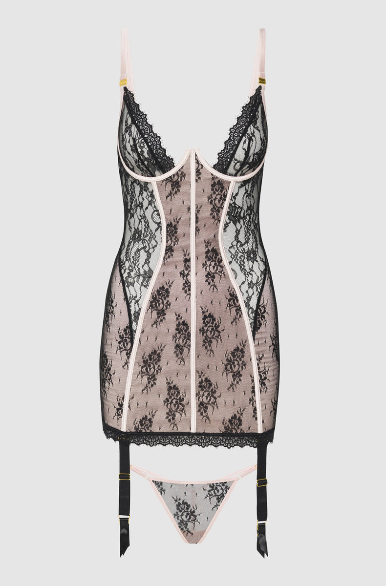 Light Pink/Black chemise with garters and g-string laid flat