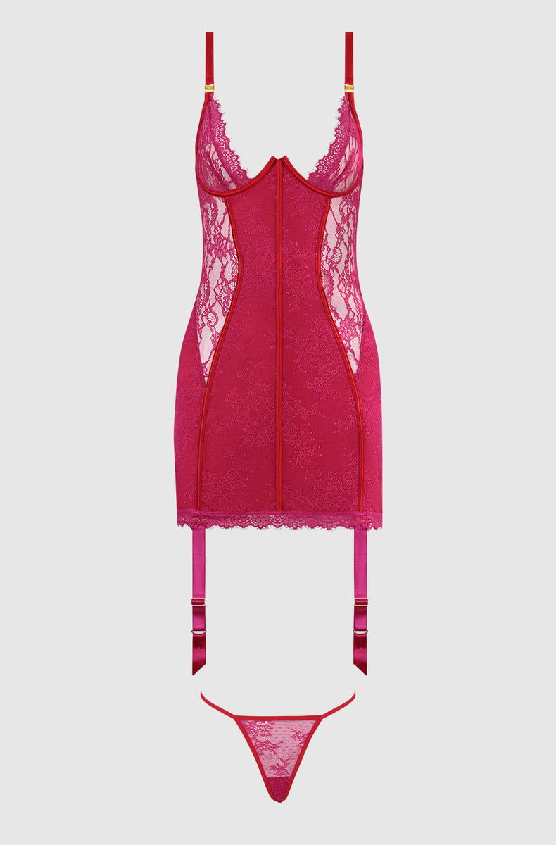 Crimson Red and Raspberry chemise with garters and g-string laid flat