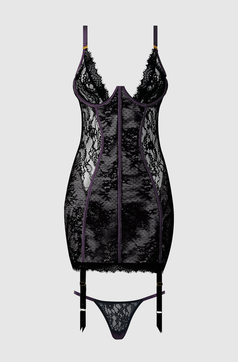 Purple Shadow/Black chemise with garters and g-string laid flat