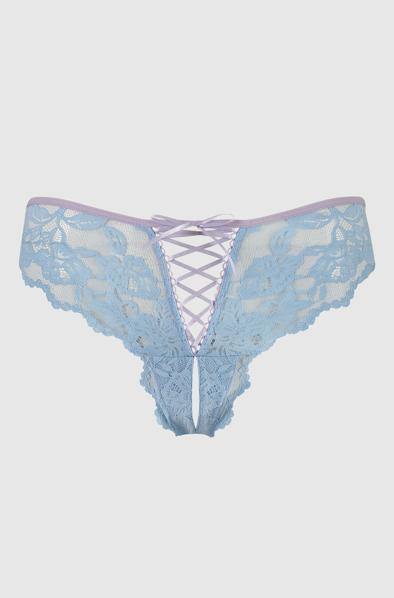 Lavender Blue lace tanga laid flat, pale blue lace with lavender lace-up front