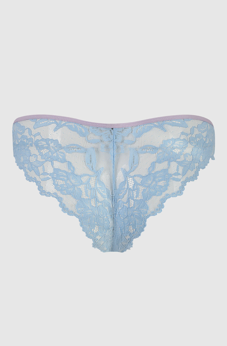 Back of the Lavender Blue lace tanga laid flat