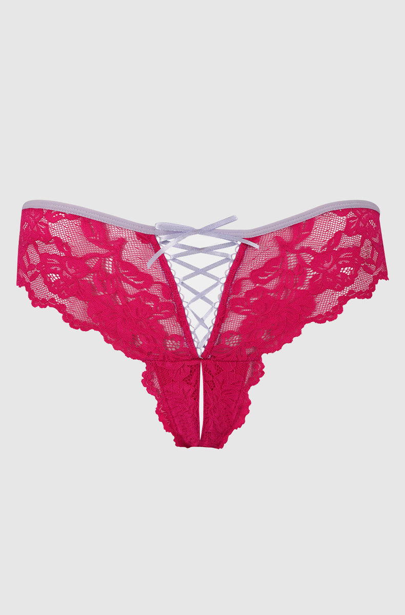 Lavender Raspberry lace tanga laid flat with lavender satin lace-up front