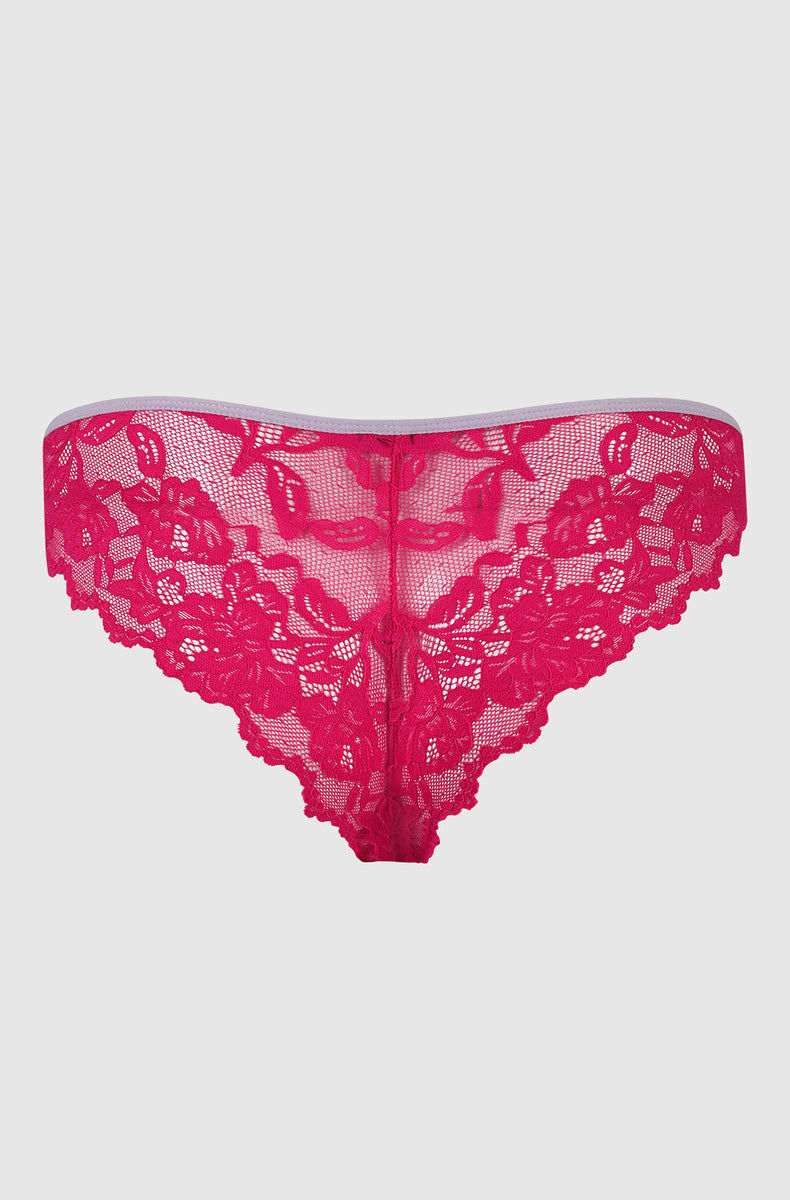 Back of the Lavender Raspberry lace tanga laid flat