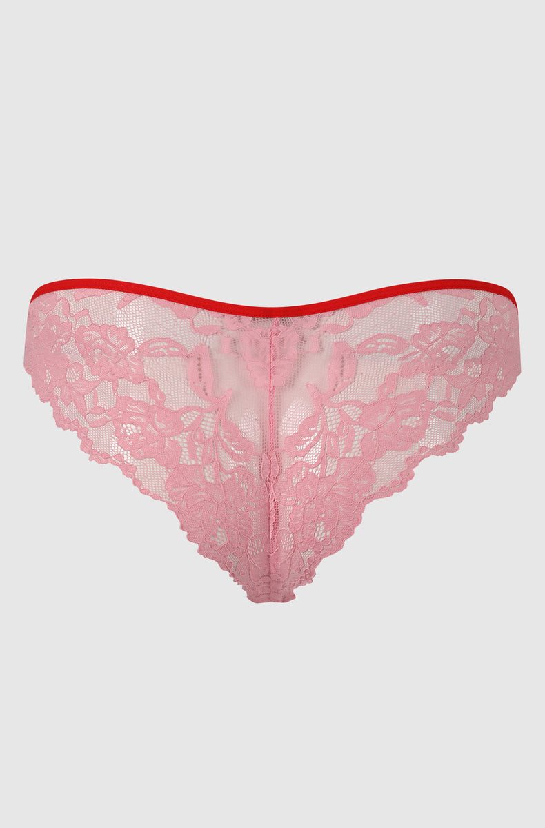 Back of the Scarlet Pink lace tanga laid flat