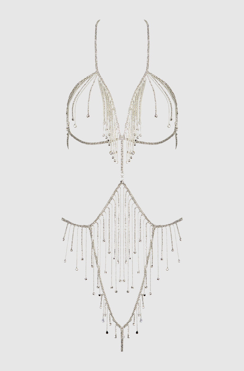 Silver rhinestone fringe teddy laid flat, triangle cups and fringe bottom with rhinestone drops