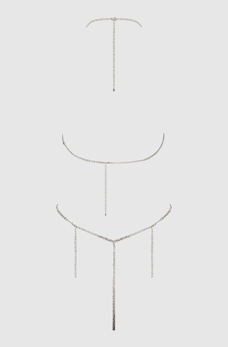 Neck, back and waist chains of the rhinestone fringe teddy laid flat