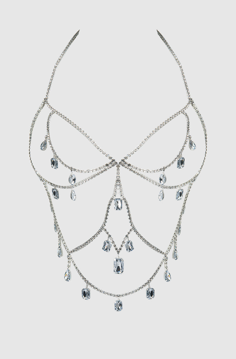 Silver oversized rhinestone halter body chain top laid flat