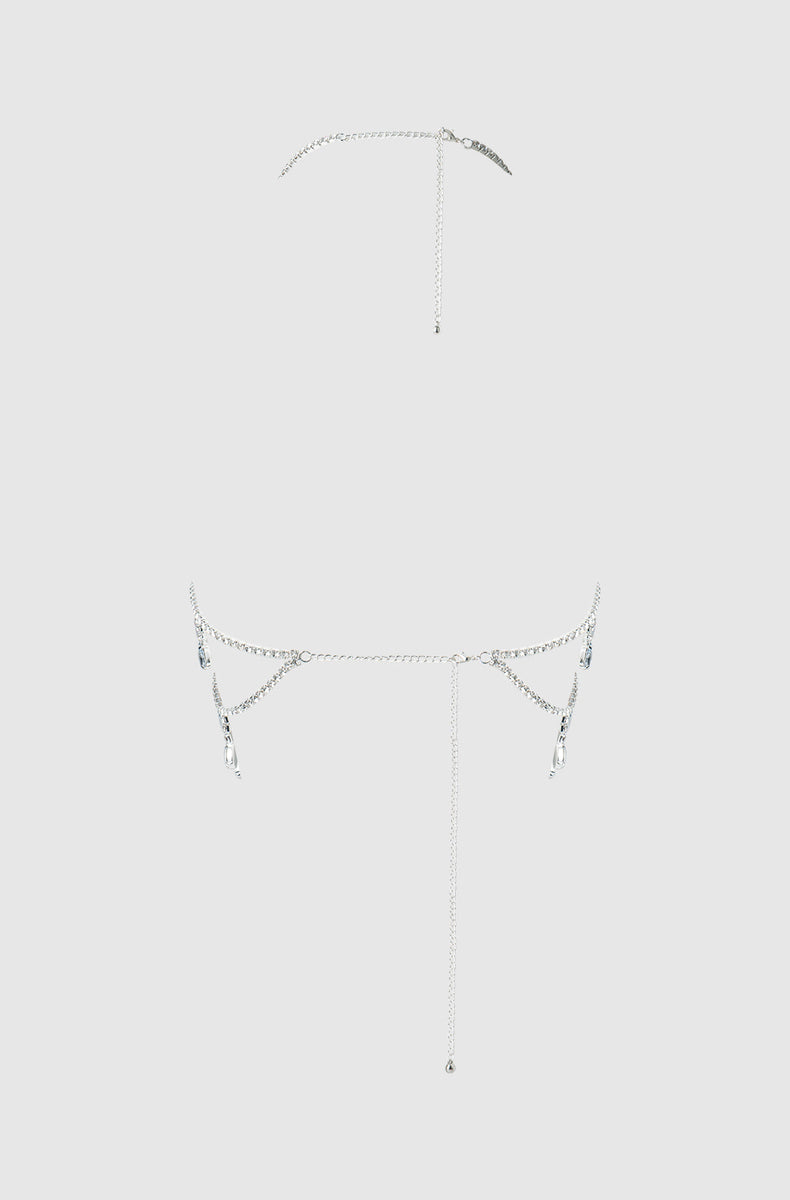 Neck and back chains of the rhinestone halter top laid flat