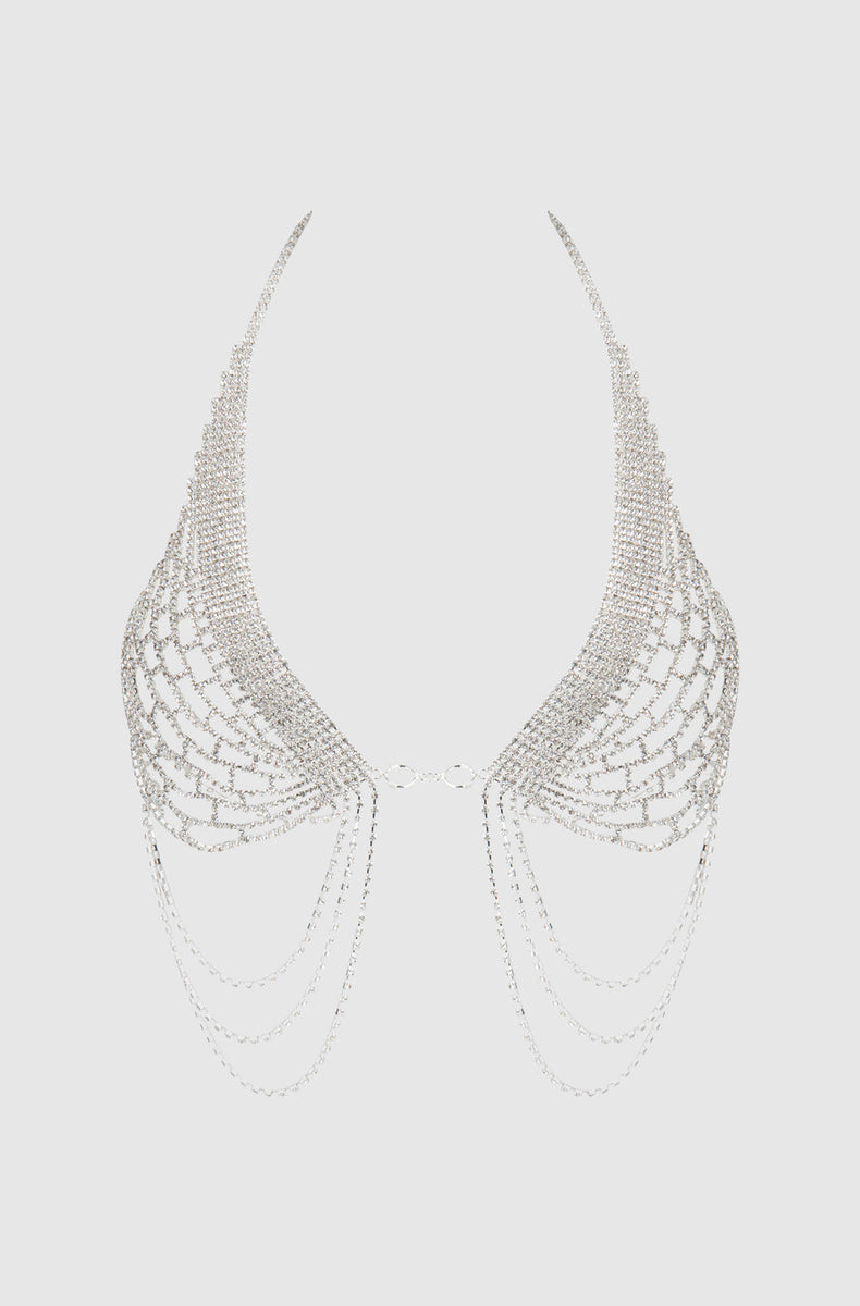 Silver rhinestone net halter bra with cascading strands laid flat