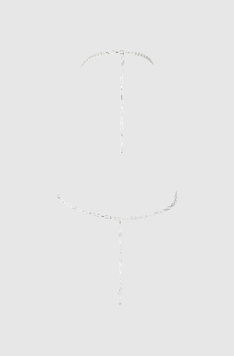 Neck and back chains of the silver rhinestone halter laid flat