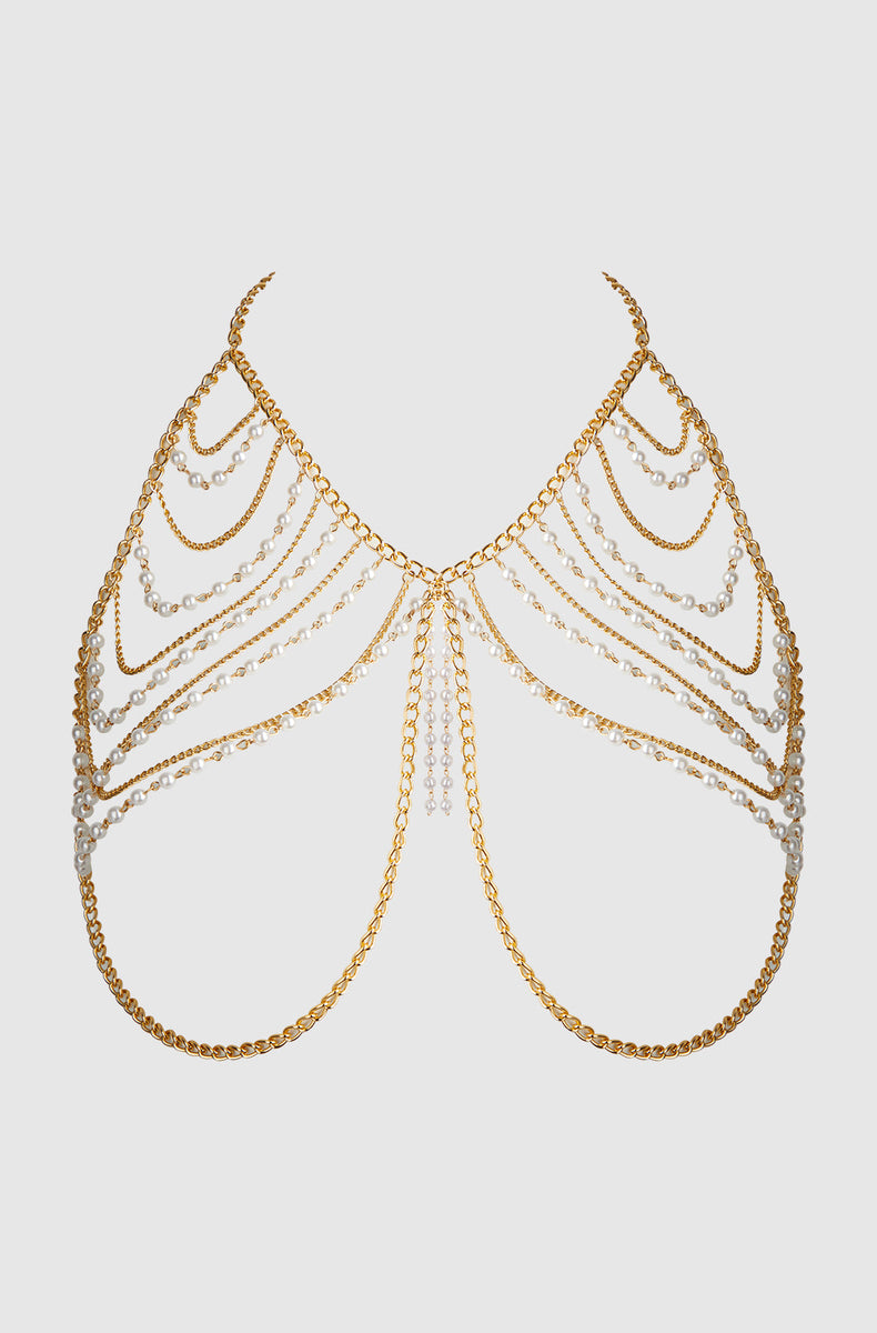 Gold pearl and chain bra laid flat