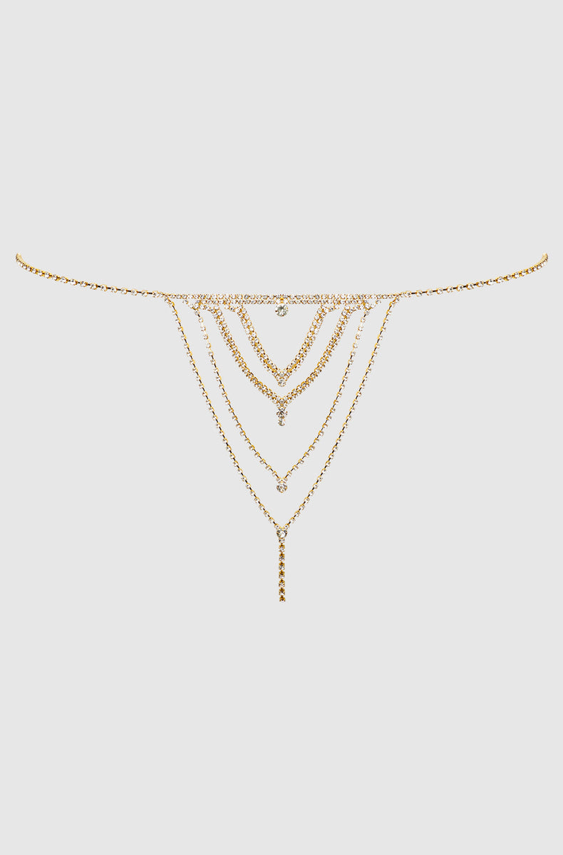 Gold rhinestone chain v-front g-string laid flat