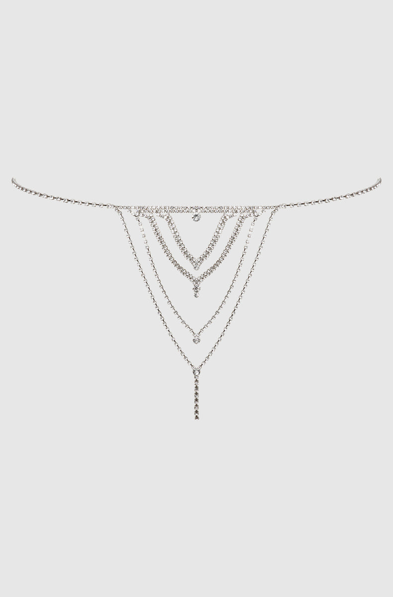 Silver rhinestone chain v-front g-string laid flat