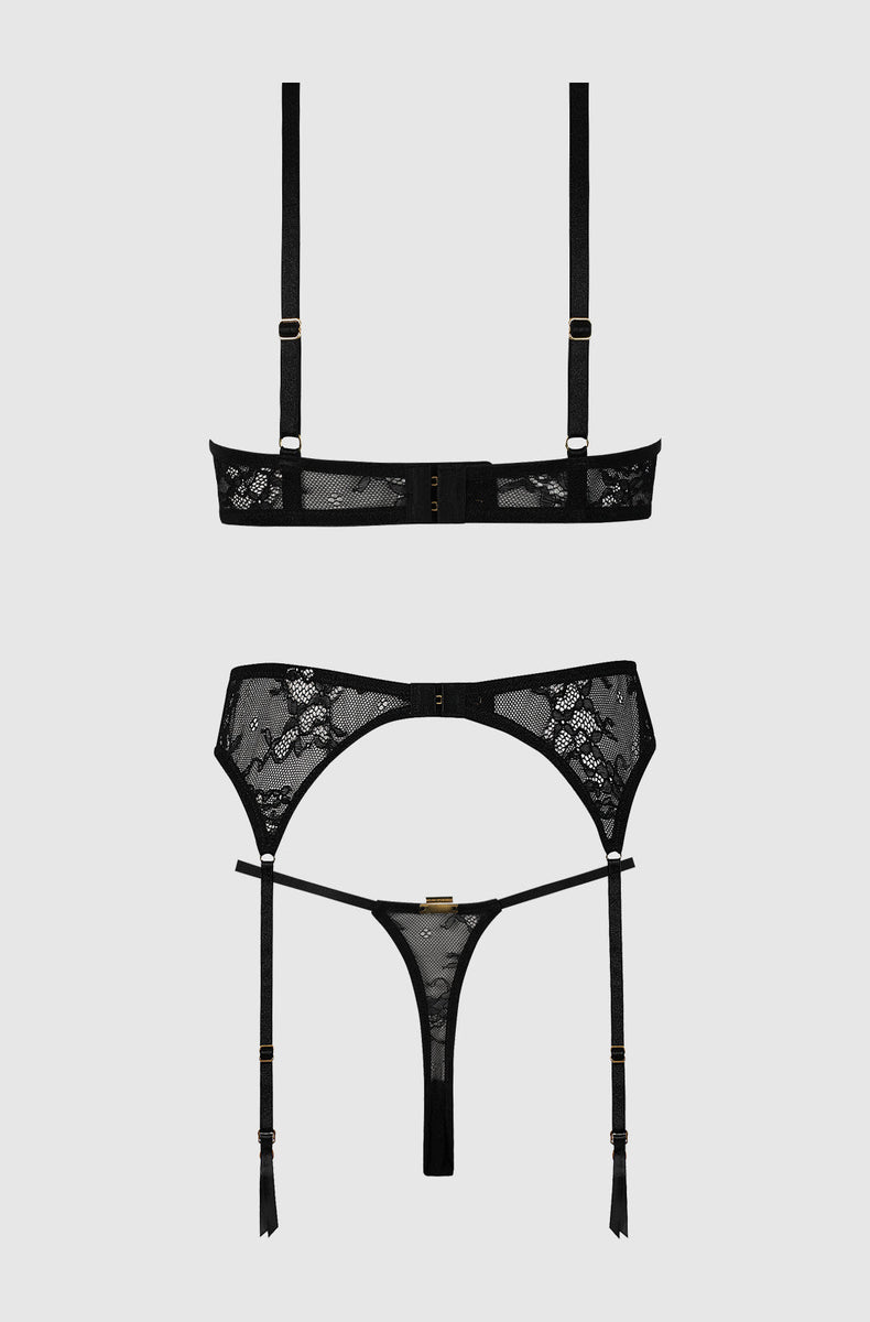 Black lace set laid flat from the back