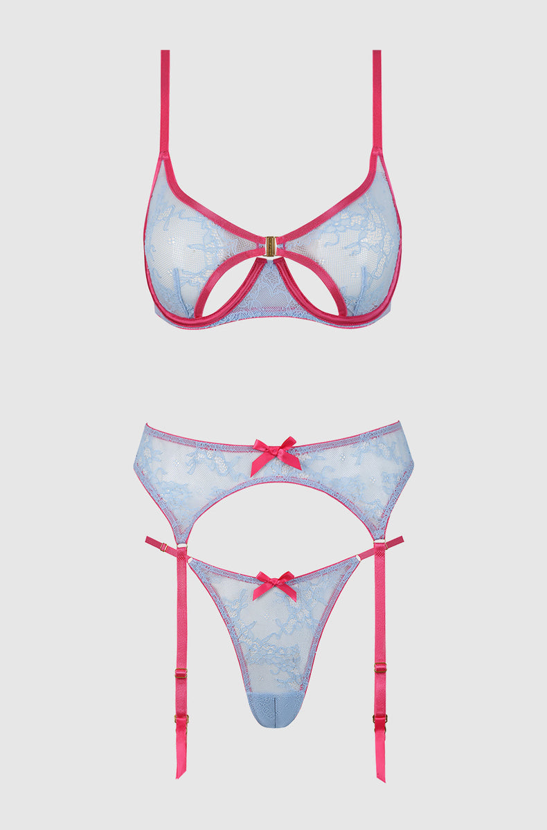 Sky Blue/Fuchsia bra, garter belt and thong laid flat