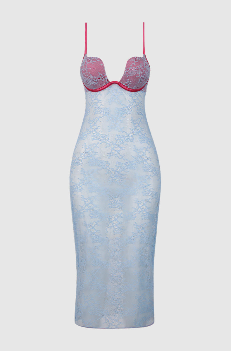 Sky blue lace gown laid flat with fuchsia push up cups and straps