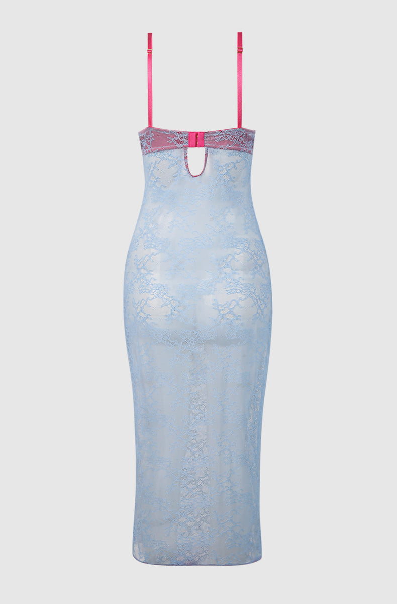 Back of the sky blue lace gown laid flat with keyhole and fuchsia straps