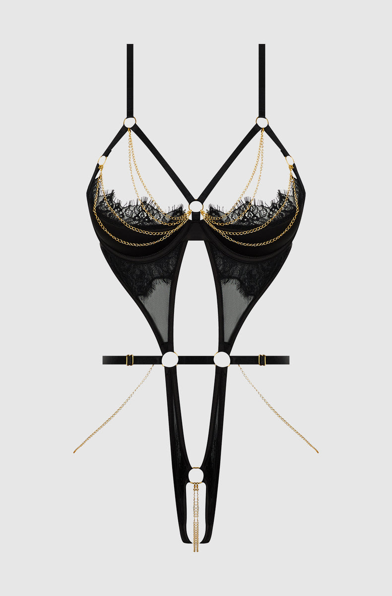 Black chain harness teddy laid flat showing open cups and front cutout