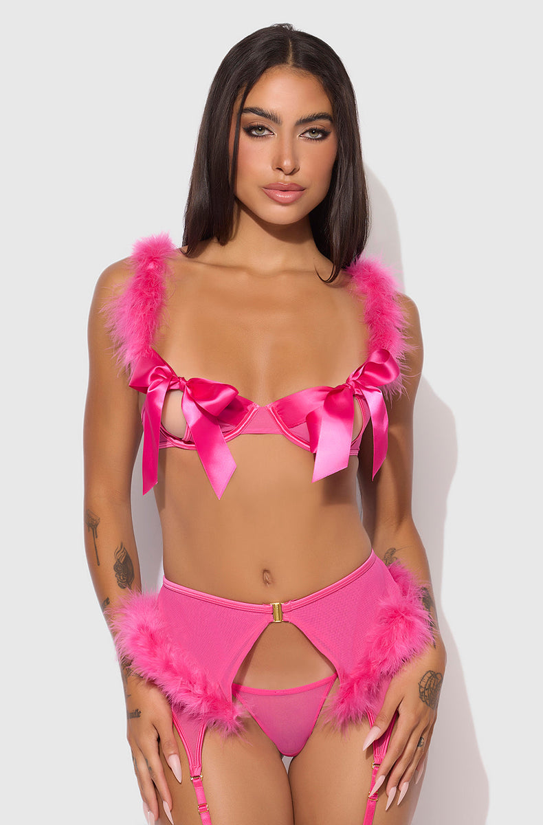 Pink bow tie bra with marabou straps and marabou garter skirt, front view
