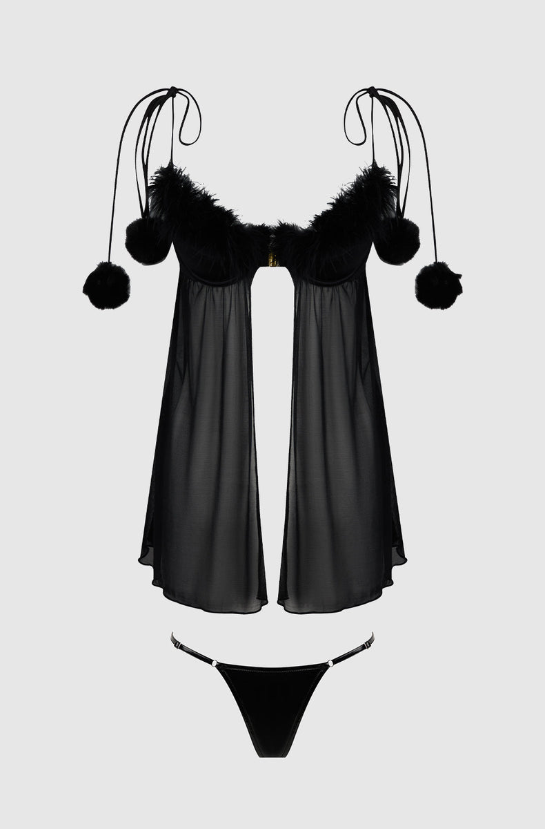 Black marabou babydoll and g-string laid flat