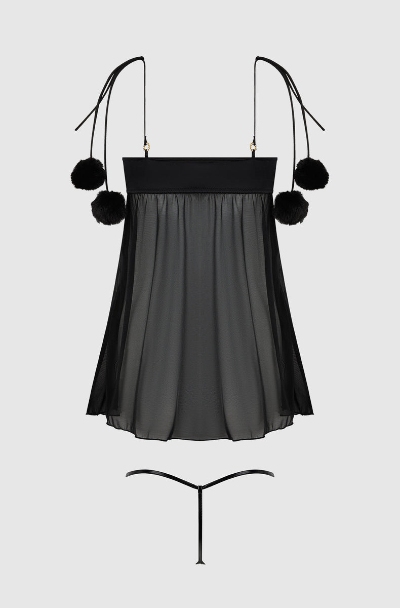 Black babydoll and g-string laid flat from the back