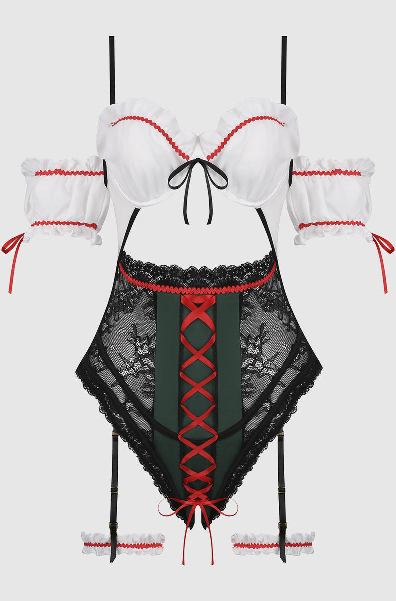 Beer maid teddy laid flat from the front with puff sleeve arm bands and thigh garters