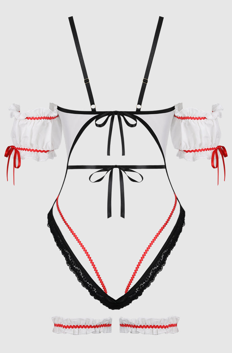 Beer maid teddy laid flat from the back showing the strappy back and ties