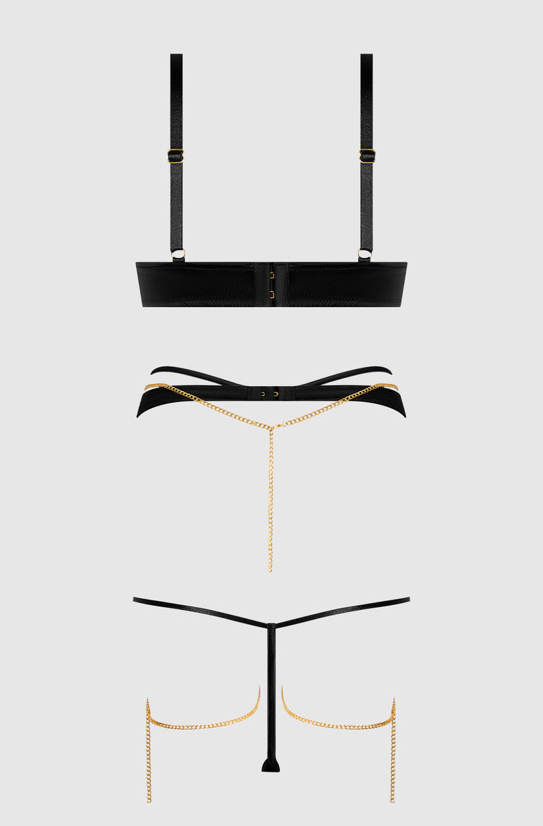 Black satin chain set laid flat from the back