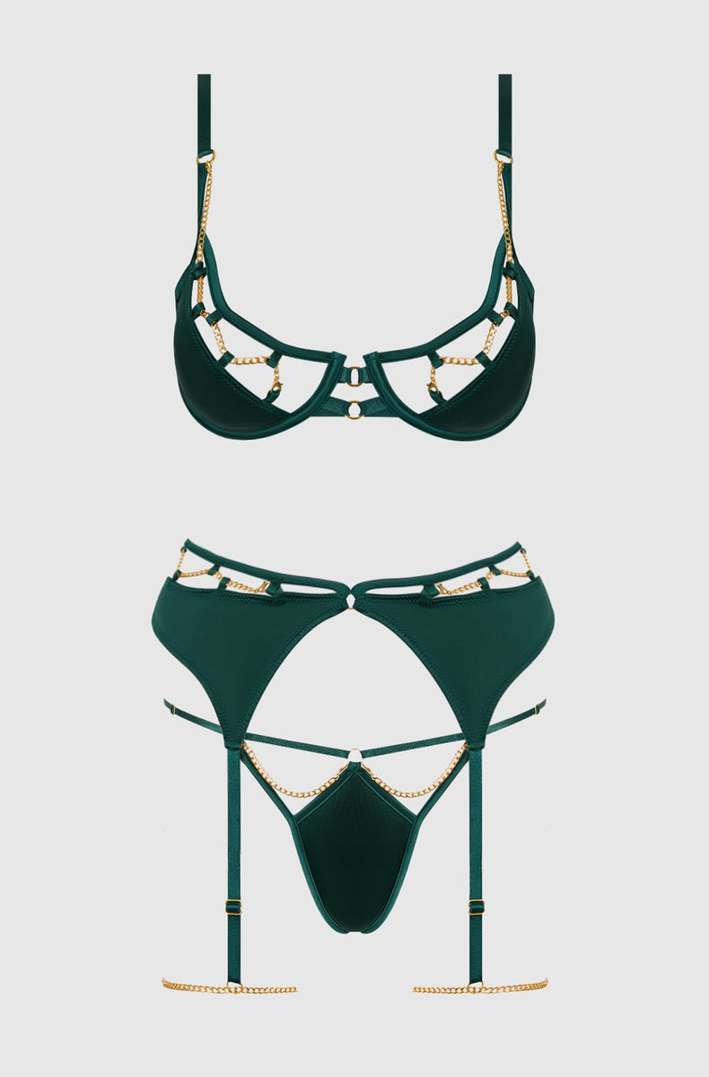 Emerald satin and gold chain bra, garter belt and thong laid flat