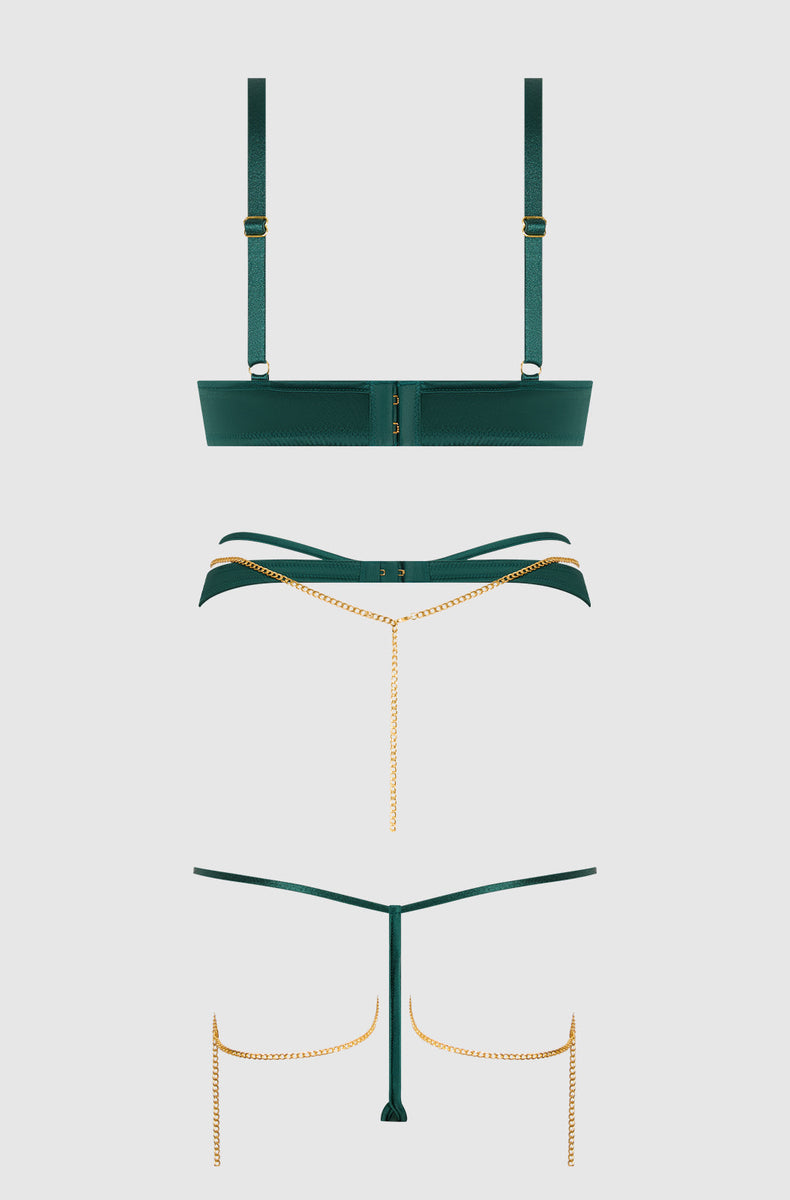 Emerald satin chain set laid flat from the back