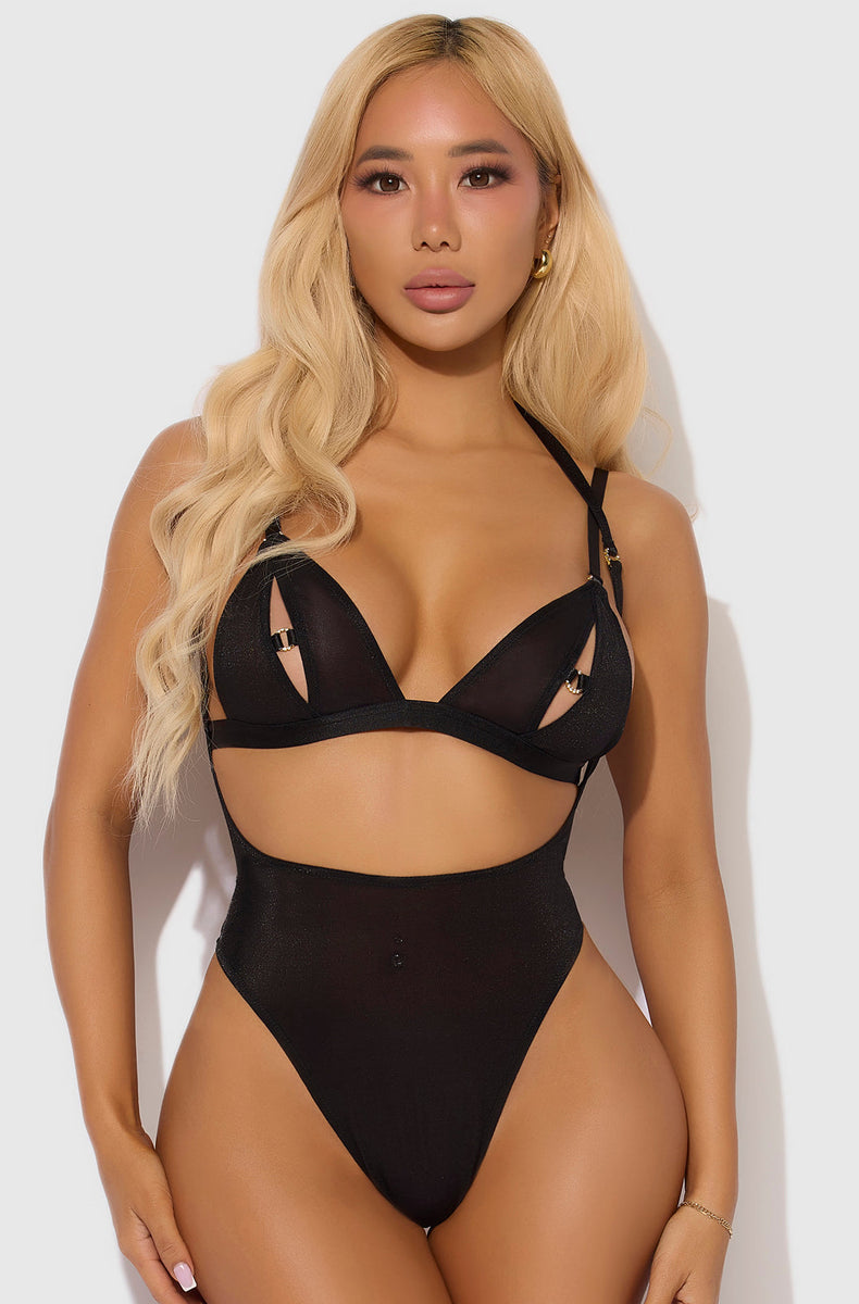 Black shimmer mesh slit cup bralette and high leg teddy, front view