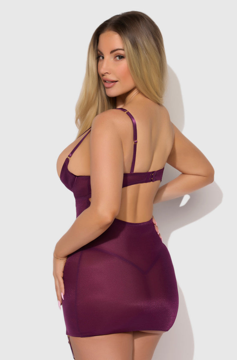 Back view of the plum chemise showing the open back cutout