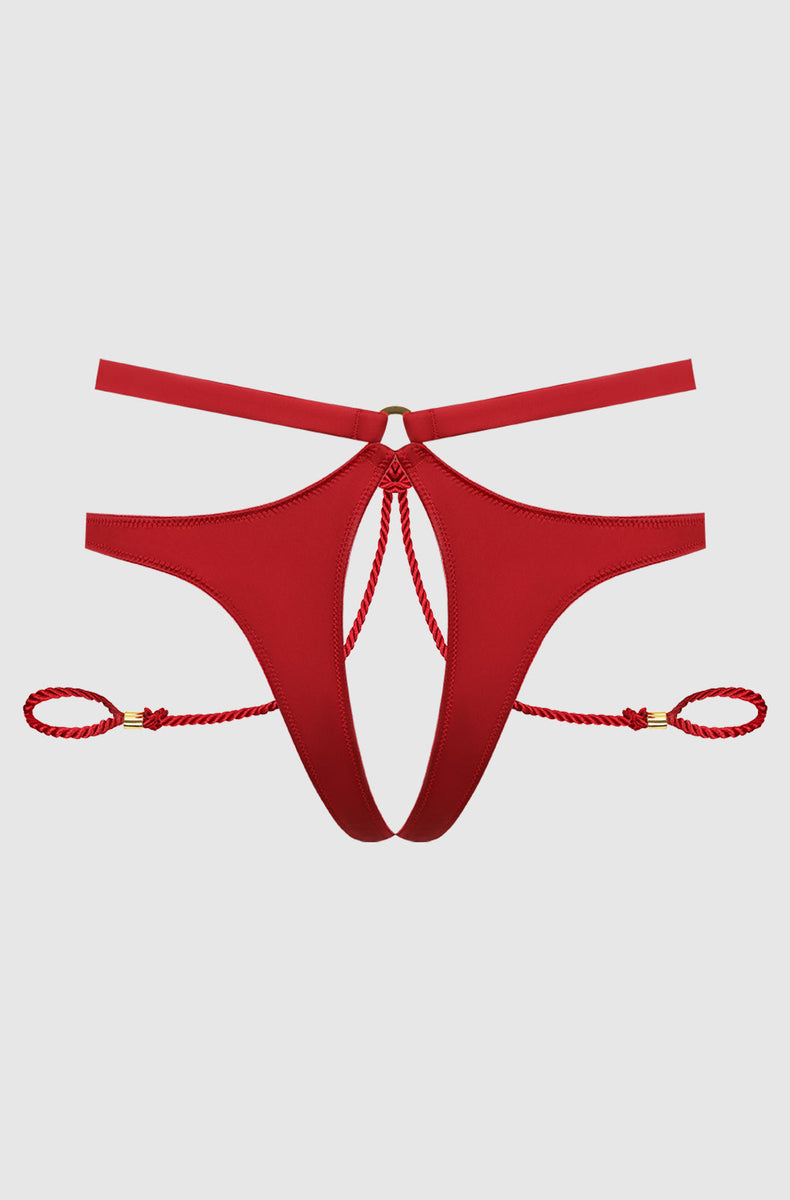 Crimson Red satin cutout panty laid flat from the front with rope wrist loops