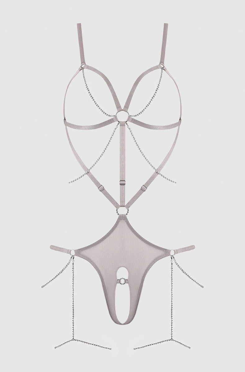 Silver grey rhinestone chain teddy laid flat showing the open cups and crotchless cutout