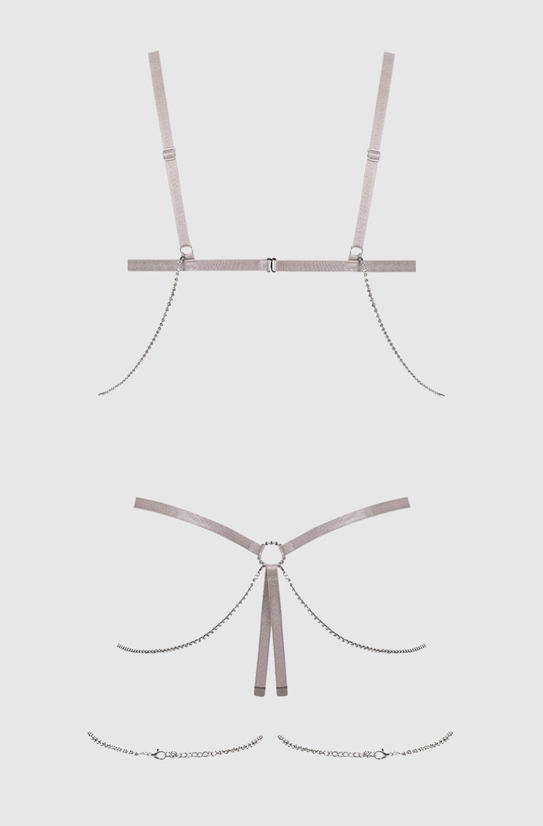Silver grey teddy laid flat from the back with rhinestone chains
