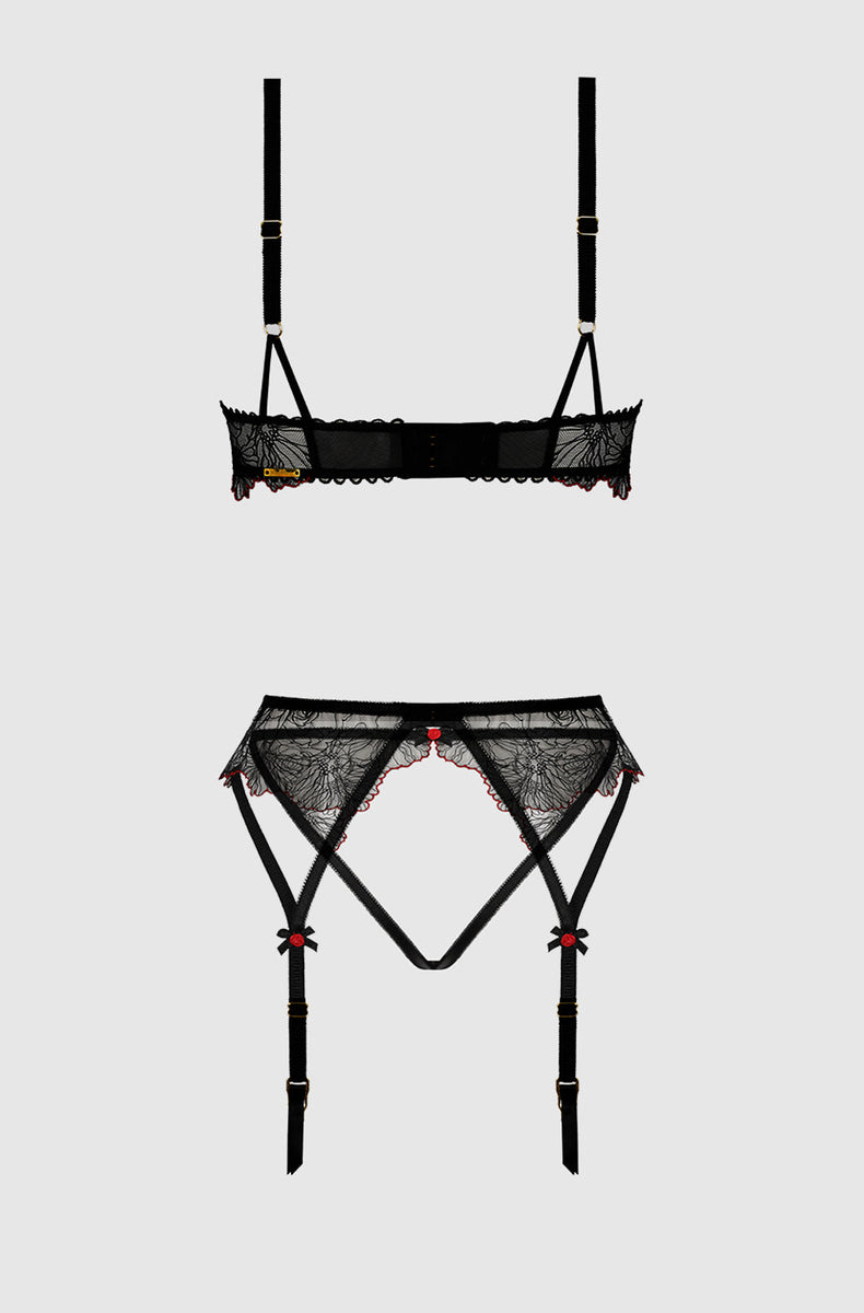 Black embroidered bra and garter belt laid flat from the back