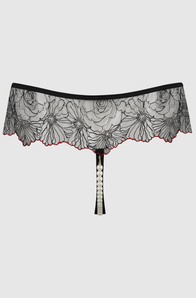 Back of the crotchless thong laid flat showing the pearl string