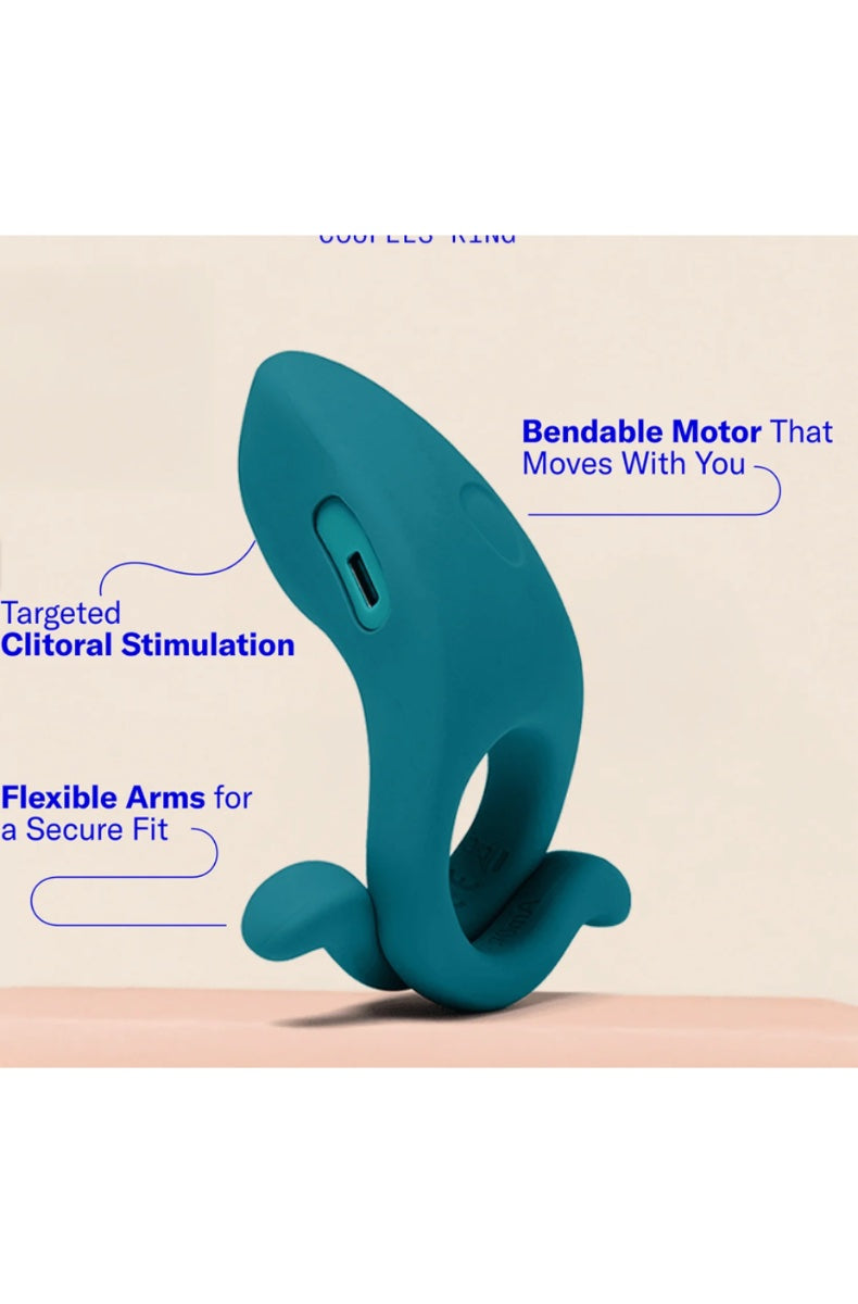 Side angle of teal vibrating ring showing bendable motor section and flexible arms with feature callouts