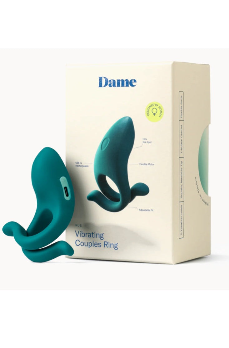 Dame Hug packaging showing teal vibrating couples ring next to white retail box