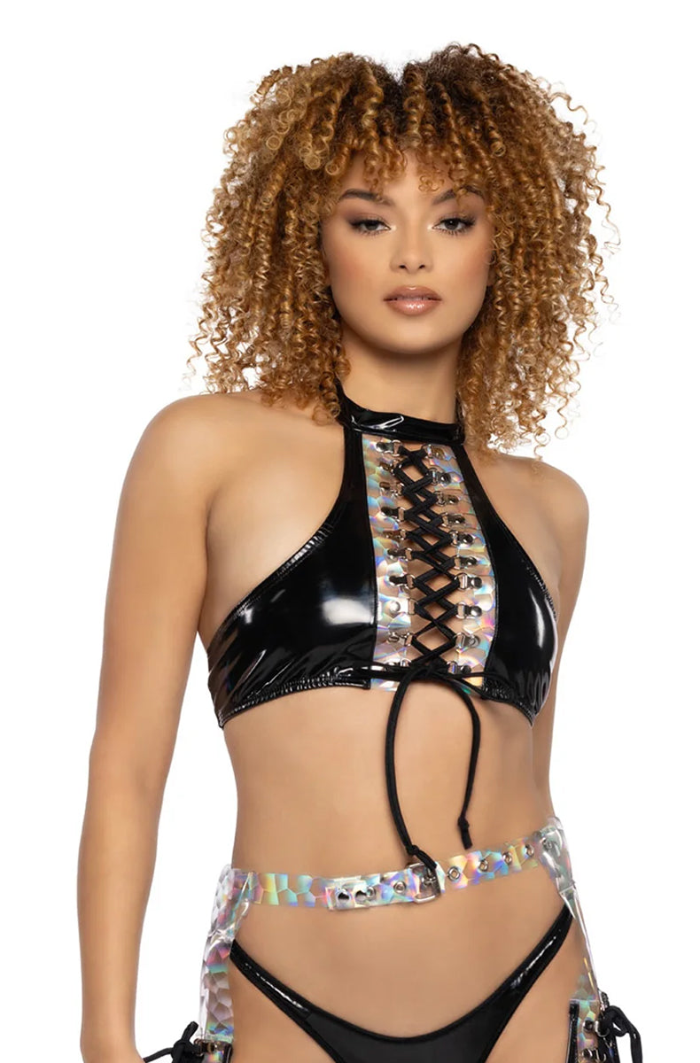 Model wearing black patent vinyl halter top with holographic prism panel laced down the center